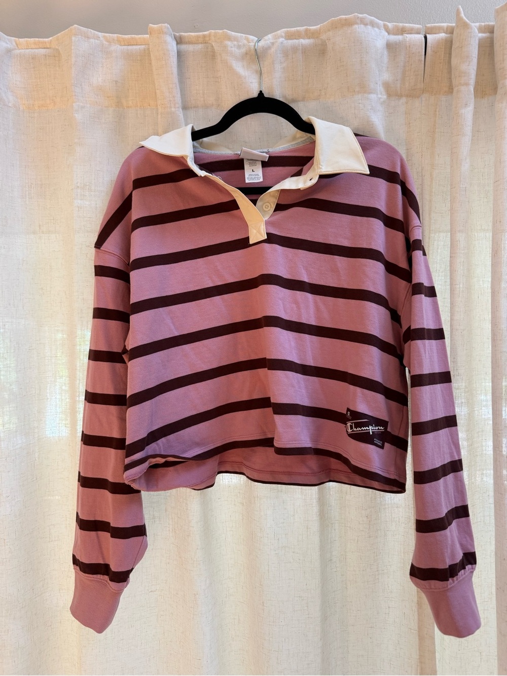 Champion Pink and Burgundy Striped Rugby Crop Top with White Collar